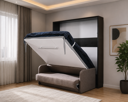 Wardrobe bed with sofa cushions, wall cabinets, folding sleep bed furniture + new couch