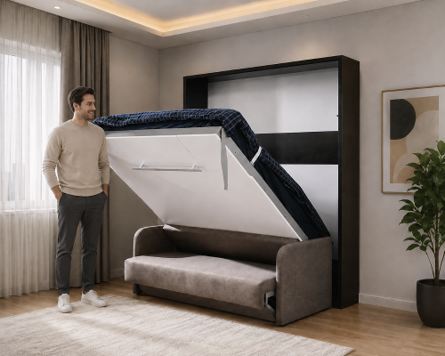 Wardrobe bed with sofa cushions, wall cabinets, folding sleep bed furniture + new couch