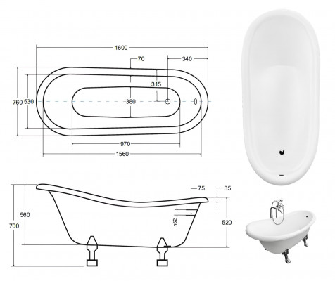 Vintage freestanding bathtub, classic, new