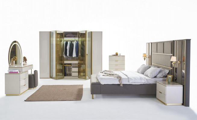 Luxury bedroom complete bed nightstand dresser mirror wardrobe 7-piece furniture
