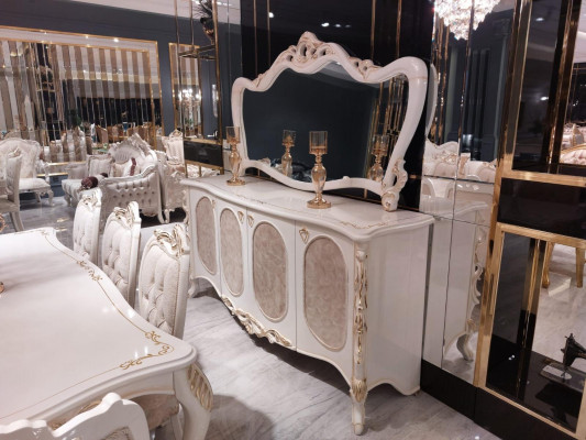 Dining table 8 x chair side cabinet mirror cabinet set 10 pieces.