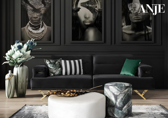 Luxury sofa set for the living room with three sofas, coffee table, and chairs 6 pieces