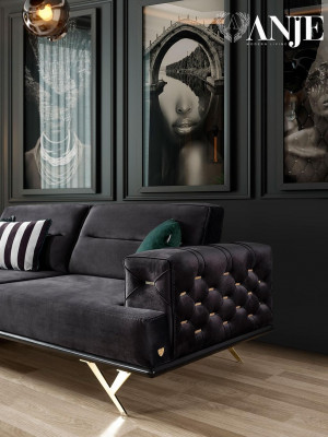 Black 3-seater sofa of modern design for the living room