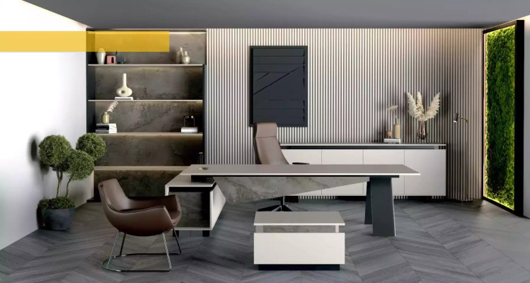 Gray conference table with mobile shelves for the office