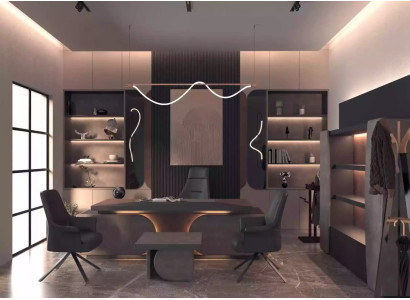 Modern brown wooden table with shelves