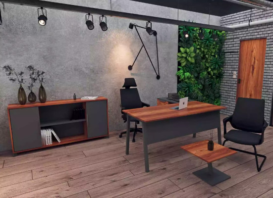Brown corner desk with shelves for office