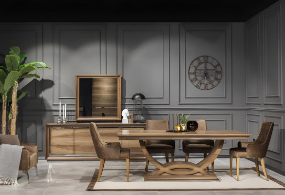 9-piece set including table, chairs, dresser, and mirror