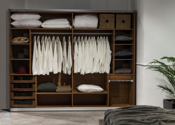 Ideal furniture set for the bedroom, which includes a wardrobe, nightstand, and bed in 4 parts