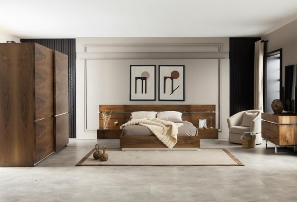 Ideal furniture set for the bedroom, which includes a wardrobe, nightstand, and bed in 4 parts