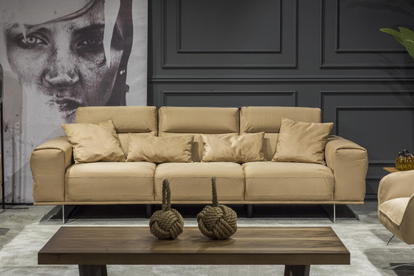 Beige bench for three people with cushions