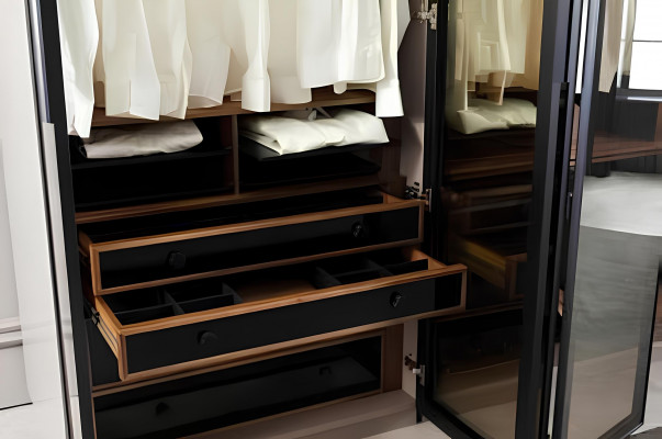 Wardrobe with storage space and glass doors