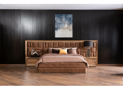 Complete bedroom set with bed + luxury nightstands in brown color