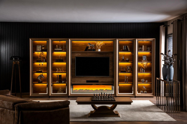 Luxury living room wall with fireplace and coffee table