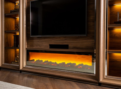 Luxury living room wall with fireplace and coffee table