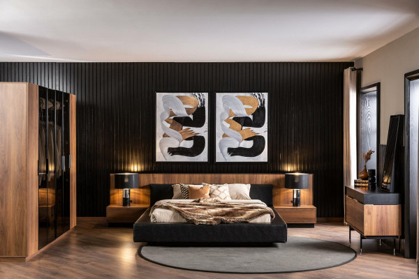 Luxury bedroom with complete furniture including nightstand, wardrobe, table, and bed in 6 parts