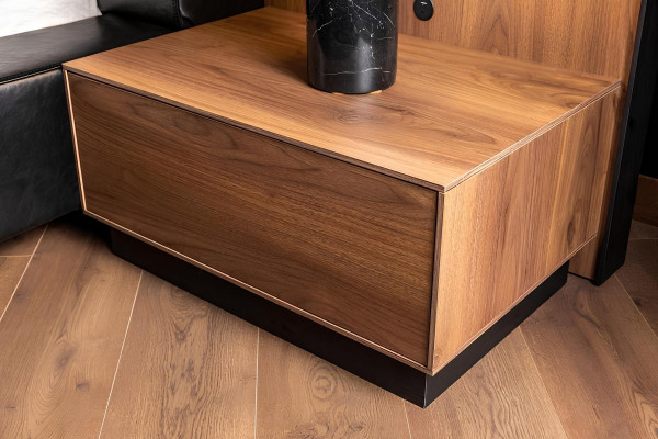 Dark bedroom furniture, including bed, wardrobe, and 2 nightstands, 4 pieces.