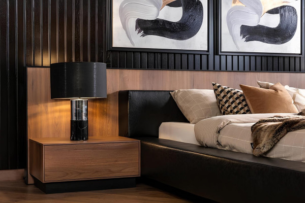 Dark bedroom furniture, including bed, wardrobe, and 2 nightstands, 4 pieces.