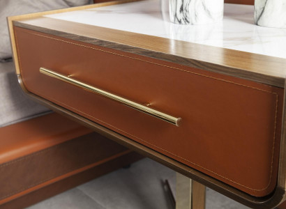 Set of orange bed with 2 mobile nightstands, 3 slanted