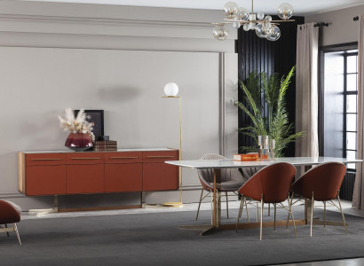 Orange chest of drawers with drawers and shelves, XXL nightstand, buffet 240 cm