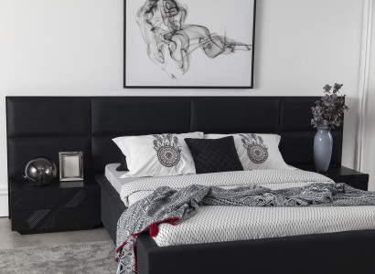 Modern bedroom set Mustat, 3-piece nightstand, leather bed