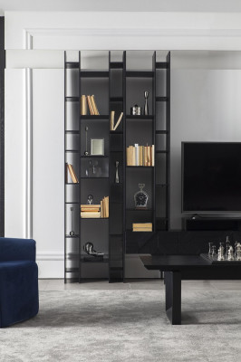 Black wall unit with open storage space for the living room