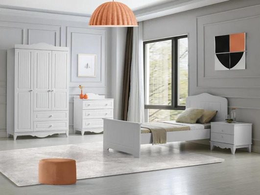 Modern bedroom furniture set, nightstand, chest of drawers, wardrobe, white, 4 pieces, elegant