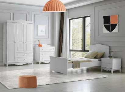 Modern bedroom furniture set, nightstand, chest of drawers, wardrobe, white, 4 pieces, elegant