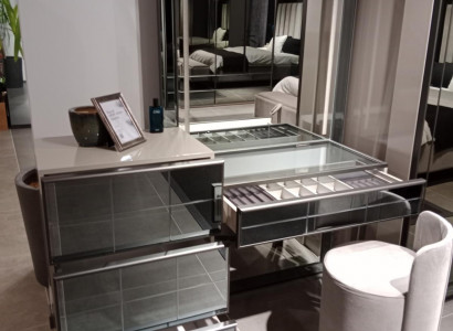 Modern luxury vanity stool with elegant 2-piece table. New gray console