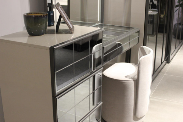 Modern luxury vanity stool with elegant 2-piece table. New gray console