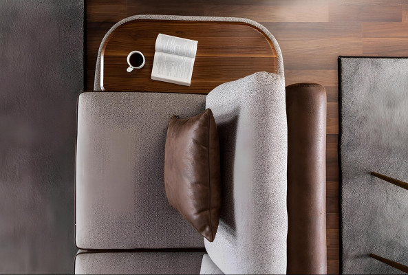 Gray fabric sofa set for 3 people with 3-piece table