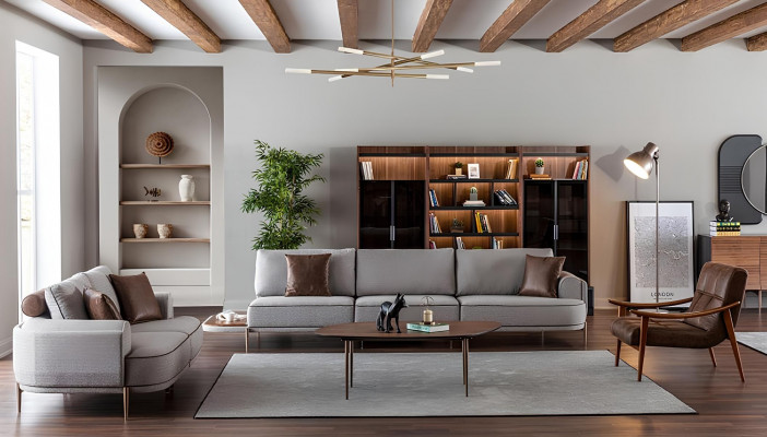 Gray fabric sofa set for 3 people with 3-piece table