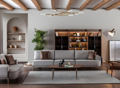 Gray fabric sofa set for 3 people with 3-piece table