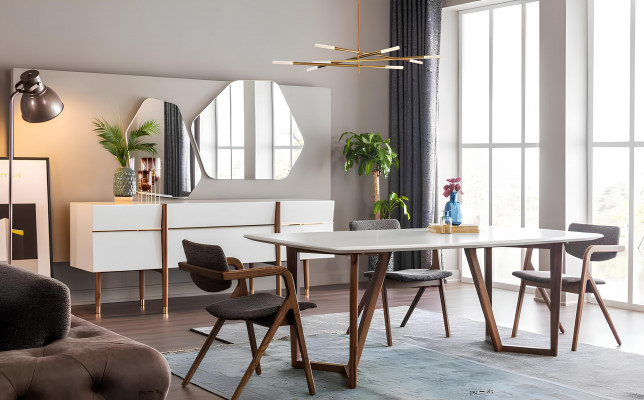 Set of white upholstered pieces, table, chairs, nightstand 9 pieces.