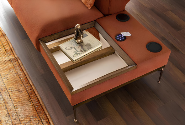 Sofa with three seats in blue-orange fabric