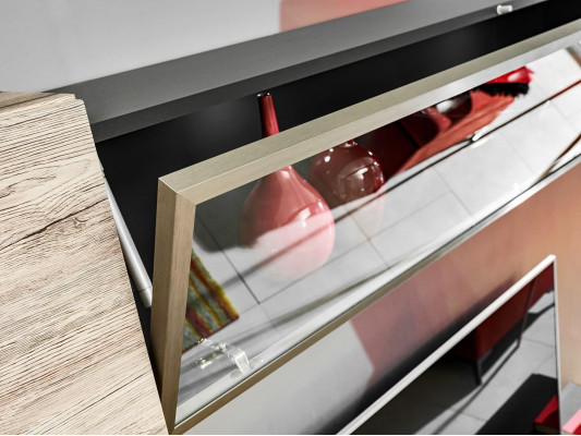 Modern wall unit for living room with gray shelves and TV stand