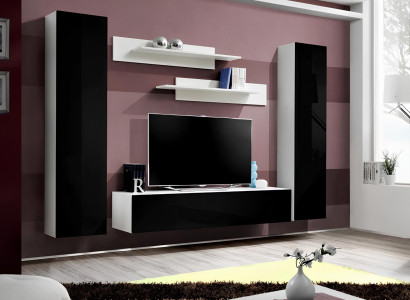 Modern wooden living room furniture with wall shelves and TV stand