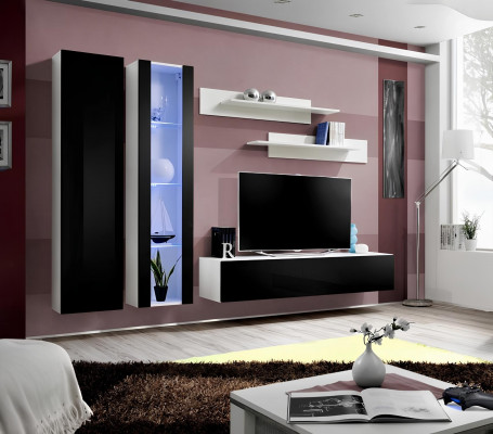 Modern wall unit with hanging display cabinet for TV and shelves in the living room