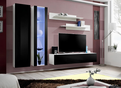 Modern wall unit with hanging display cabinet for TV and shelves in the living room