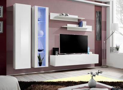 Modern white wooden furniture for the living room with integrated wardrobe
