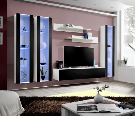Modern living room wall with shelves and hanging display cabinets