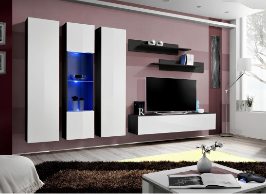 6-piece living room set with TV stand, wall display cabinet, wooden shelves