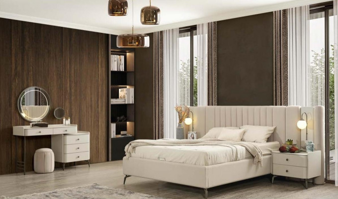 Elegant complete bedroom set with upholstered bed, 2 nightstands and vanity table