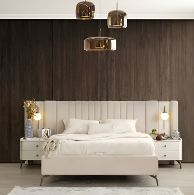 Elegant complete bedroom set with upholstered bed, 2 nightstands and vanity table