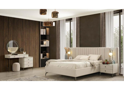 Elegant complete bedroom set with upholstered bed, 2 nightstands and vanity table