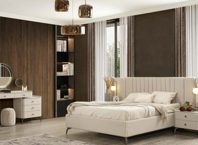 Elegant complete bedroom set with upholstered bed, 2 nightstands and vanity table