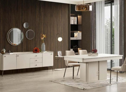 Modern wooden dining table with 4 elegant upholstered chairs and buffet 6 pieces