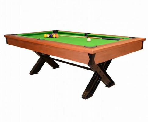 Brown wooden billiard table with metal frame and elegant design