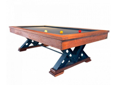 Brown solid wood table with steel legs and marble top