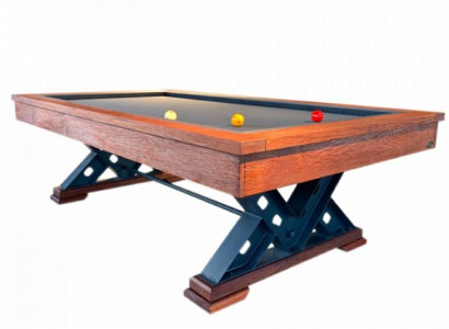 Brown solid wood table with steel legs and marble top