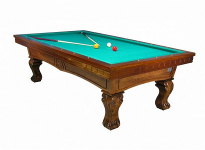 Brown solid wood billiard table with hand-carved legs